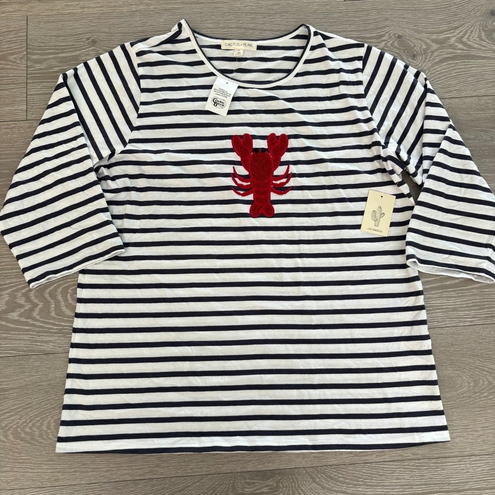 NWT Cactus & Pearl Womens White Embellished‎ Lobster Striped Graphic Tee Size XL